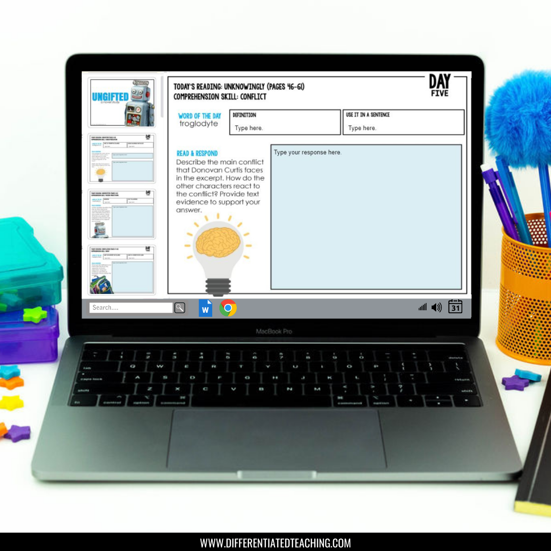 The Ungifted Novel Study Unit by Differentiated Teaching with Rebecca Davies is shown on a laptop, featuring digital reading comprehension activities, vocabulary, and responses—surrounded by colorful school supplies.