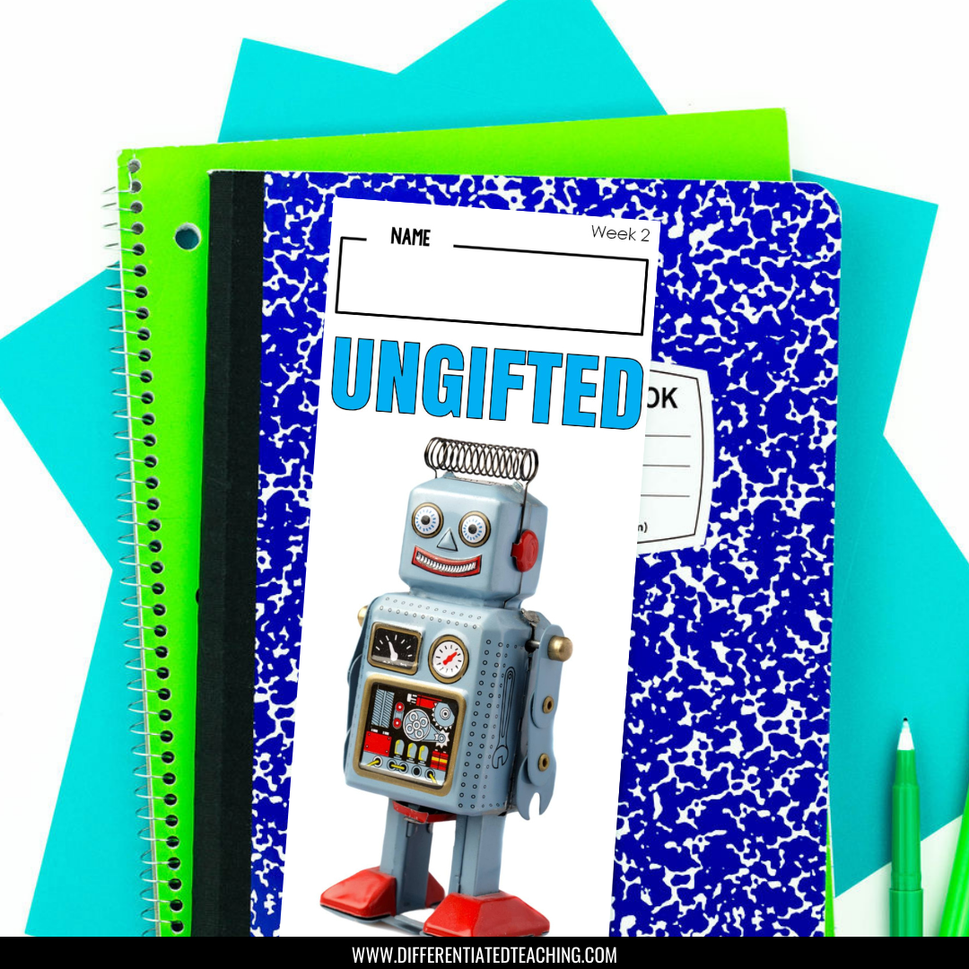 A blue composition notebook, green spiral notebook, and blue folder are stacked on a desk with a paper labeled "Ungifted Novel Study Unit" by Differentiated Teaching with Rebecca Davies. A green pen lies beside them—perfect for literature guides.