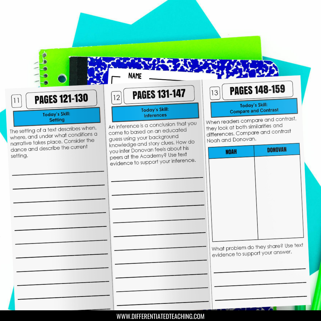 The Ungifted Novel Study Unit by Differentiated Teaching with Rebecca Davies features three reading worksheets covering setting, inferences, and compare/contrast, each with space for comprehension questions and responses.