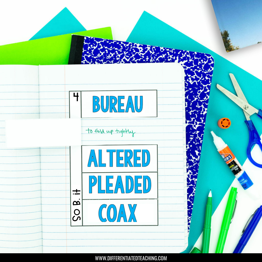 The Ungifted Novel Study Unit by Differentiated Teaching with Rebecca Davies features an open notebook with vocabulary words like BUREAU, ALTERED, PLEADED, and COAX among school supplies—ideal for literature guide activities or comprehension questions.