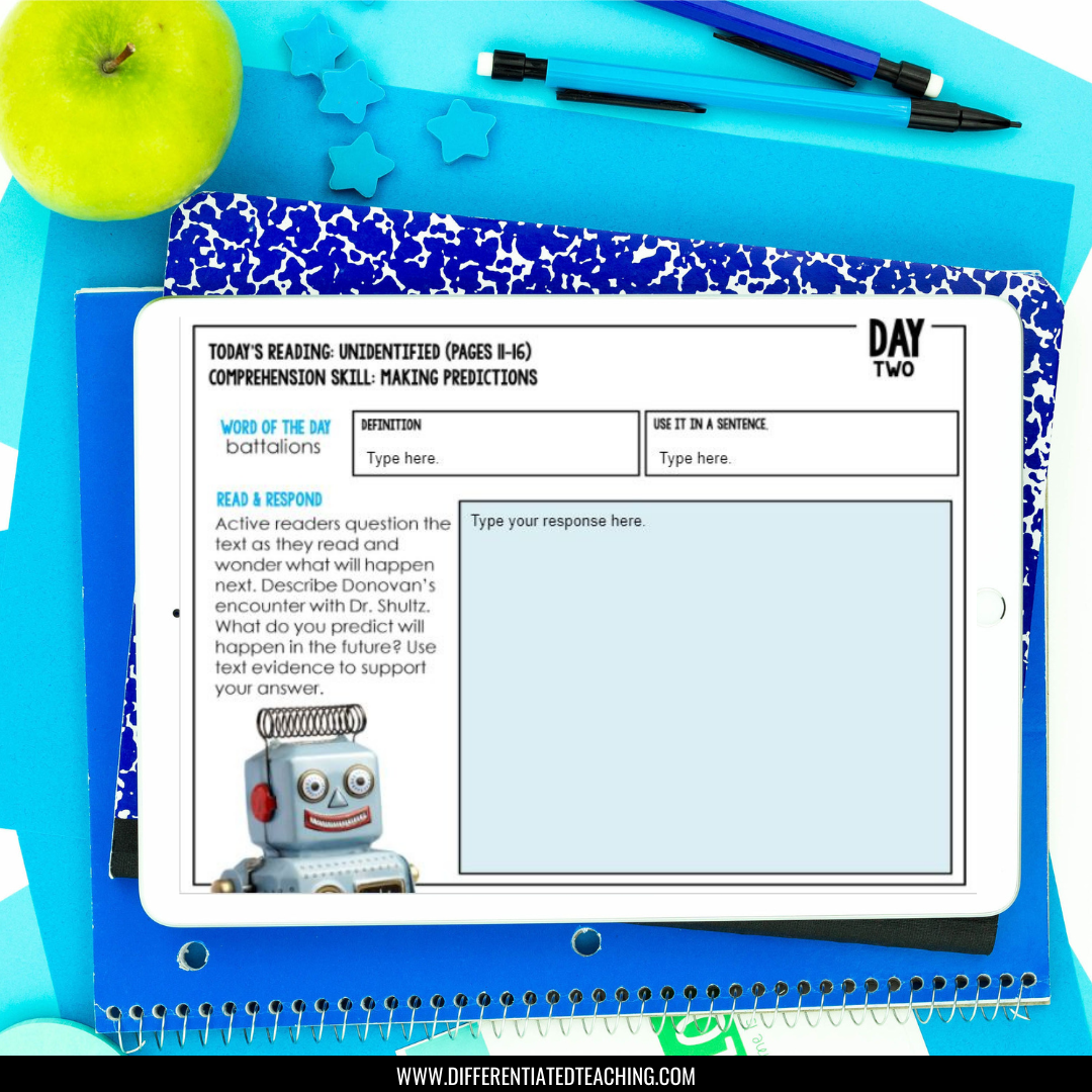 An iPad atop blue notebooks shows a Differentiated Teaching with Rebecca Davies Ungifted Novel Study Unit activity on making predictions, with battalions vocabulary, questions, a cartoon robot, and a green apple nearby.