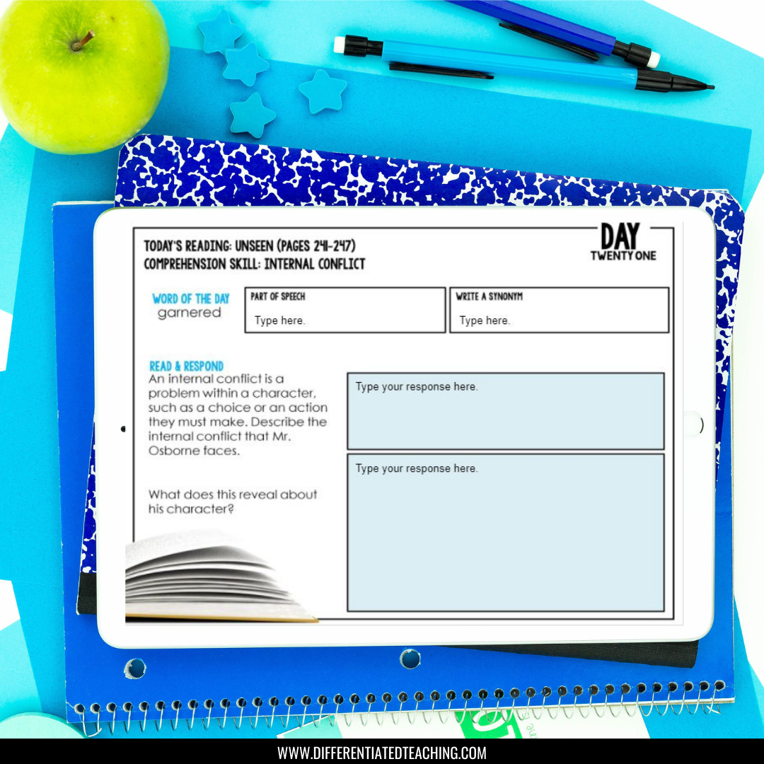 A tablet displaying the Ungifted Novel Study Unit by Differentiated Teaching with Rebecca Davies rests on blue notebooks, beside a green apple and blue pens. The worksheet features reading comprehension prompts and space for typed responses.
